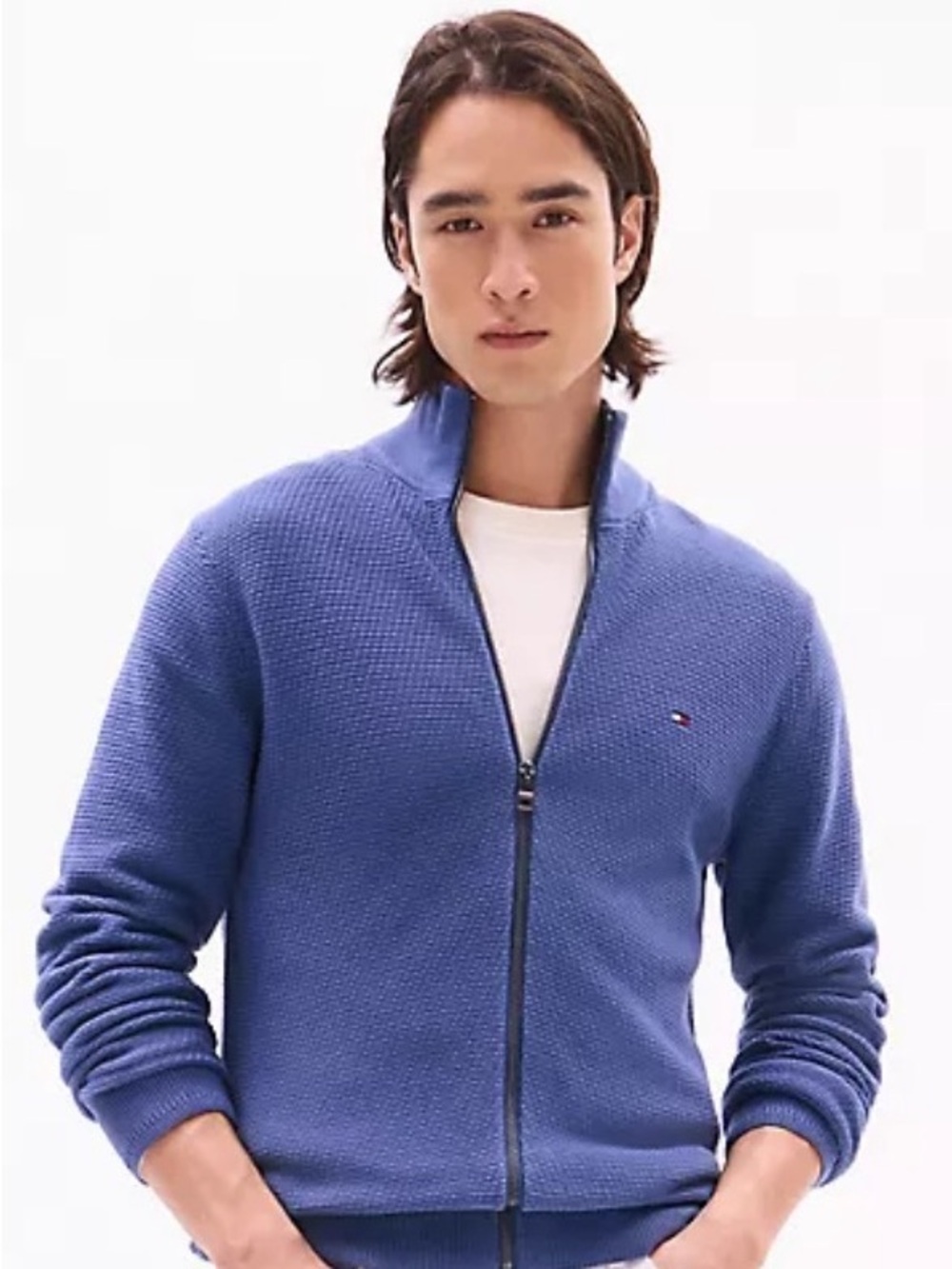 Tommy Hilfiger Men's Blue Full-Zip Textured Knit Sweater